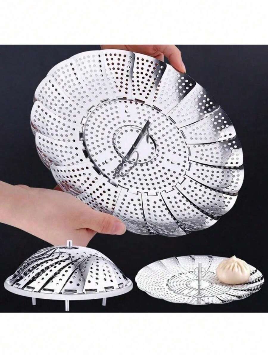 1PC Household Stainless Steel Steamer Portable Folding Retractable Vegetable Steaming Plate Fruit Drippin Plate Mantou Steamer Frame - Multicolor - View 1