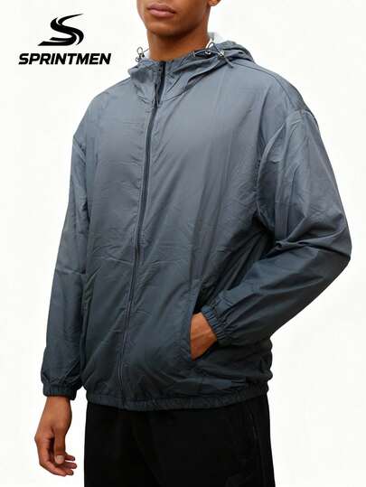 1pc Men's Navy Blue Ombre Hooded Long Sleeve Jacket, Drawstring Hood Design, Soft Breathable Fabric, Minimalist Sporty Style, Machine Washable, Suitable For Spring/Summer Outdoor Activities, Sports, Fishing, Hiking