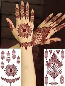 4pcs Brown Henna Lace Ribbon Temporary Tattoo Stickers, Waterproof Hand & Body Temporary Tattoos, Brown Mandala Flower Lace Body Art Stickers For Women - Brown - View 3