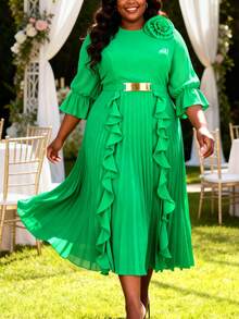 大码女式圆领喇叭袖连衣裙，荷叶边下摆，系腰绿色长款派对连衣裙 - 綠色 - 查看 4