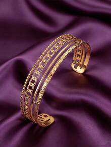 MONALLY Brazalete de acero inoxidable chapado en oro de 18K para mujeres, diseño de cadena abierta ajustable, joyería perfecta como regalo de cumpleaños para uso diario - Amarillo Oro - Ver 6