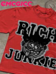 Y2K,RICH JUNKIIES....Fashionable Cotton Men's T-Shirt, Multi-Color Optional, Surprise Gift For Friends And Family, Christmas Drop Shoulder Sleeves Round Neck - Đỏ - Xem 2
