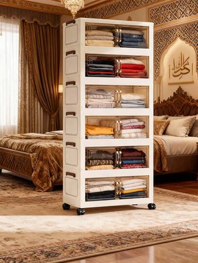 1pc 45cm/17.7" Wide Folding Storage Cabinet, 1-5 Tiers Selectable, Thickened Double-Door With Wheels, Home Use No-Assembly Storage Rack, Organizer For Clothes & Toys, Plastic Folding Storage Cabinet