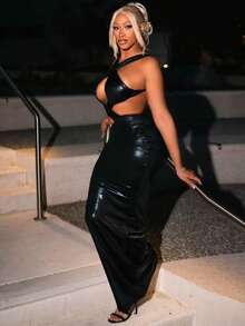 Sexy Cross Strap Halter Hollow Sexy Dress - 黑色 - 查看 4