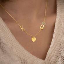 1pc Classic Initial Round Eye Pin Heart Pendants Golden Stainless Steel Chain Necklaces For Women - Yellow Gold - View 1