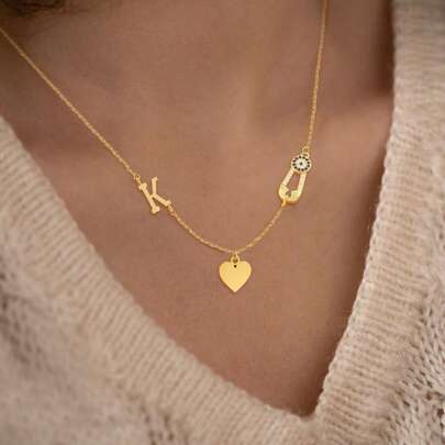 1pc Classic Initial Round Eye Pin Heart Pendants Golden Stainless Steel Chain Necklaces For Women
