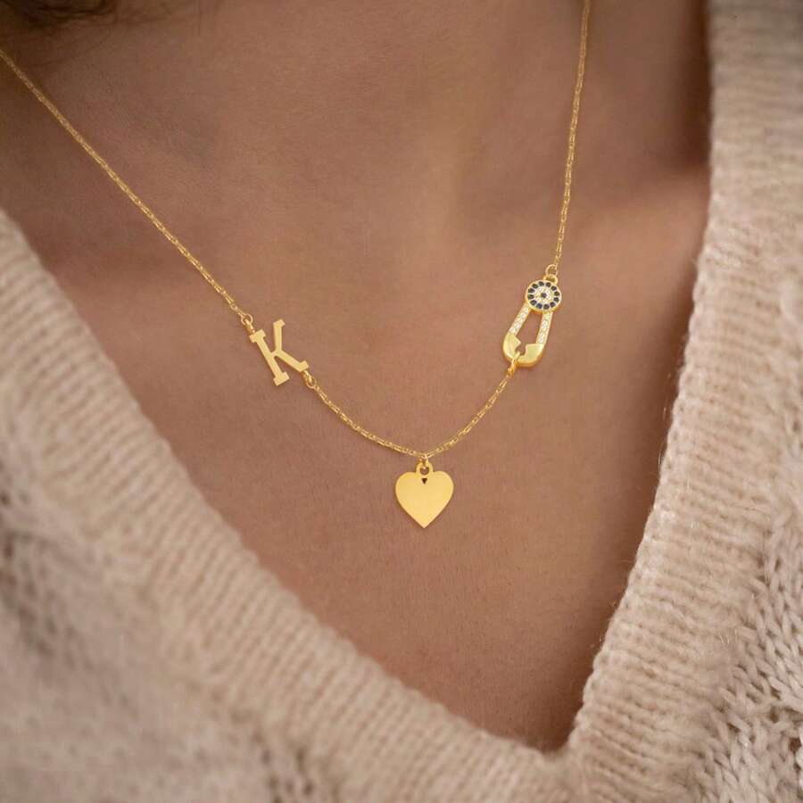 1pc Classic Initial Round Eye Pin Heart Pendants Golden Stainless Steel Chain Necklaces For Women - Yellow Gold - View 1