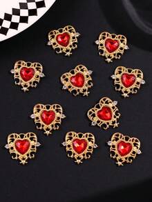 10pcs DIY Handmade Flower Plate Rhinestone Button Materials, Hollow Lace Inlaid Heart Crystal Alloy Accessories - Red - View 5