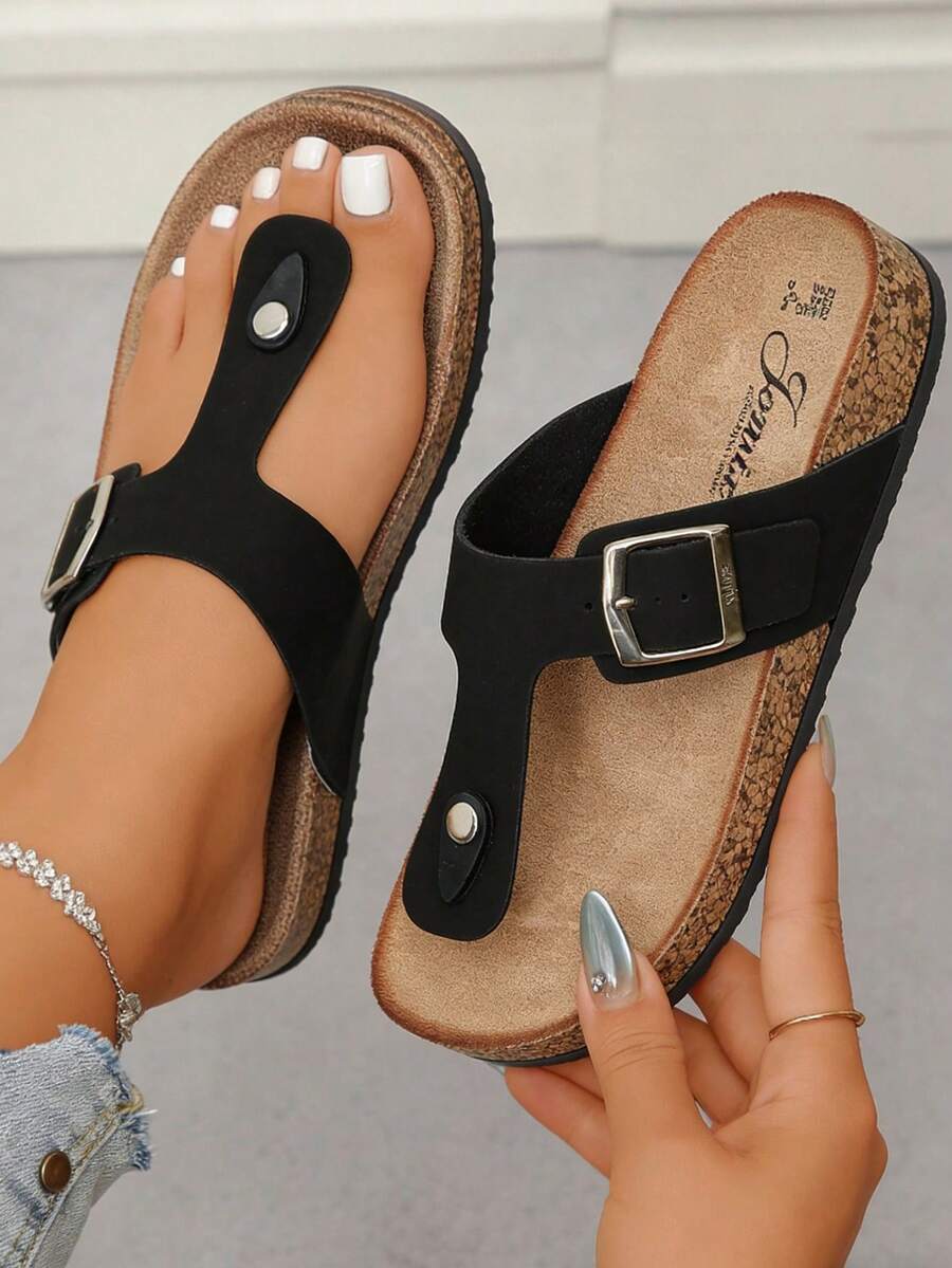 JOMIX Adjustable Flip-Flops With Buckle, Stud Embellishments, Casual And Stylish Flip-Flops, Suitable For Indoor And Outdoor Use, Flat Sandals, Suitable For Teenagers, Unisex, Women, New Style, Outdoor Sports Shoes For The Beach, Cork Sole And Upper, Suitable For Parties, Office, Lightweight, Elegant, Minimalist, Comfortable, Casual, Party Everyday Wear, Travel, Weddings, Camping, Spring/Summer/Autumn Essentials, Gifts, Sexy, Outdoor, Retro Design. - màu đen - Xem 1