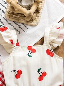 2pcs/Set Baby Girls' Cherry & Plaid Print Ruffle Sleeve Casual Romper Set, Summer - Multicolor - View 4