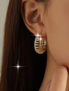 1 đôi bông tai vòng mạ vàng kẻ sọc tuyệt đẹp, đính đá Cubic Zirconia, quà tặng thời trang cho vợ, mẹ nhân dịp sinh nhật, kỷ niệm, đính hôn, trang sức đồng. - Vàng - Xem 7