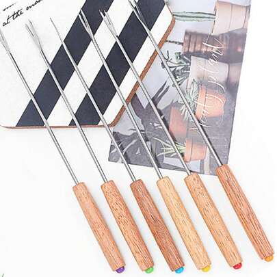 Pack Of 6 Stainless Steel Multifunctional Fondue Forks With Wooden Handles For Enjoying A Delicious Fruit, Cheese And Chocolate Fondue.