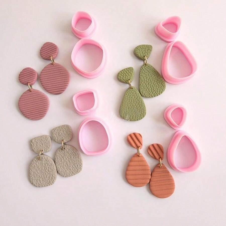 2/8Pcs Multi-Size Textured Oval & Teardrop Polymer Clay Cutters – Minimalist Retro Craft Tools For DIY Earrings & Jewelry Charms - Pink - View 1