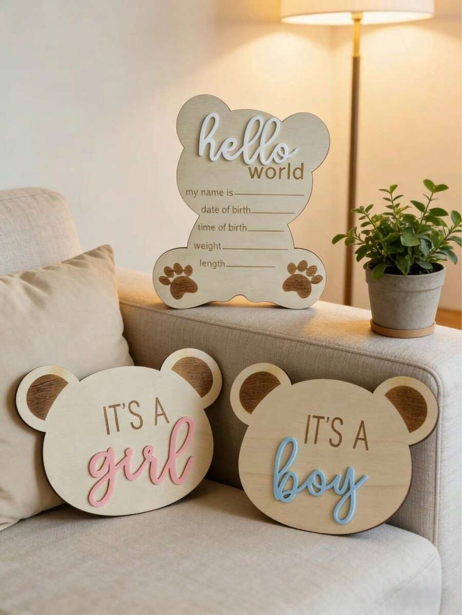Conjunto de 3 placas de madeira com o nome do bebê "HELLO WORLD" para anúncio de nascimento, decoração de quarto de bebê para menino ou menina, decoração para chá de bebê, presentes para a família, presentes de Páscoa, lembrancinhas para meninas/meninos. - Pacote A - Ver 1