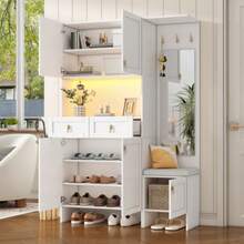 Garderoben-Set, Wandgarderobe; Garderoben-Set Mit Schuhbank Und Schuhschrank, Mit 3 Haken, 5 Türen, 2 Schubladen, 1 Spiegel, White Flurmöbel (B 120* H180* T33.5cm) - White - View 5