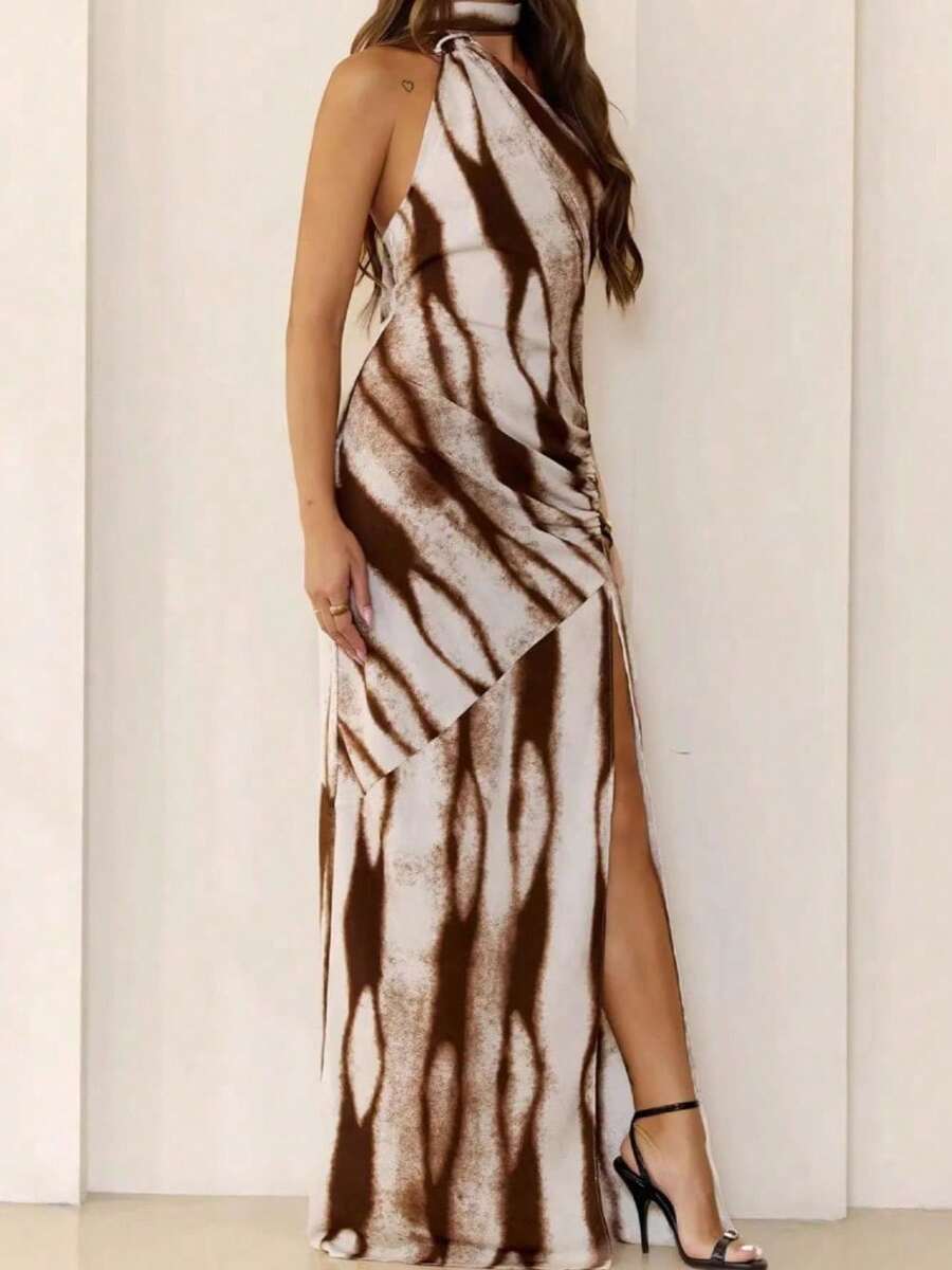 Elegant White Brown Stripe Patchwork Dress Women's One Shoulder High Waist Irregular Hem Gown - 摩卡棕 - 查看 1