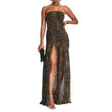 Women's Tube Top Dress Slim Strapless Backless Mesh Patchwork Tropical Leopard Print High Slit Long Dress for Party Club Night - Marrón - Ver 5