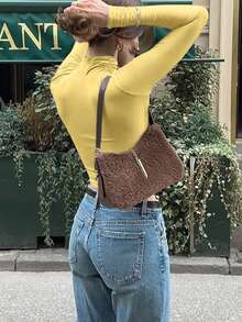 Women's Casual Solid Color Y2K High Neck Long Sleeve T-Shirt, Autumn - Mustard Yellow - View 4