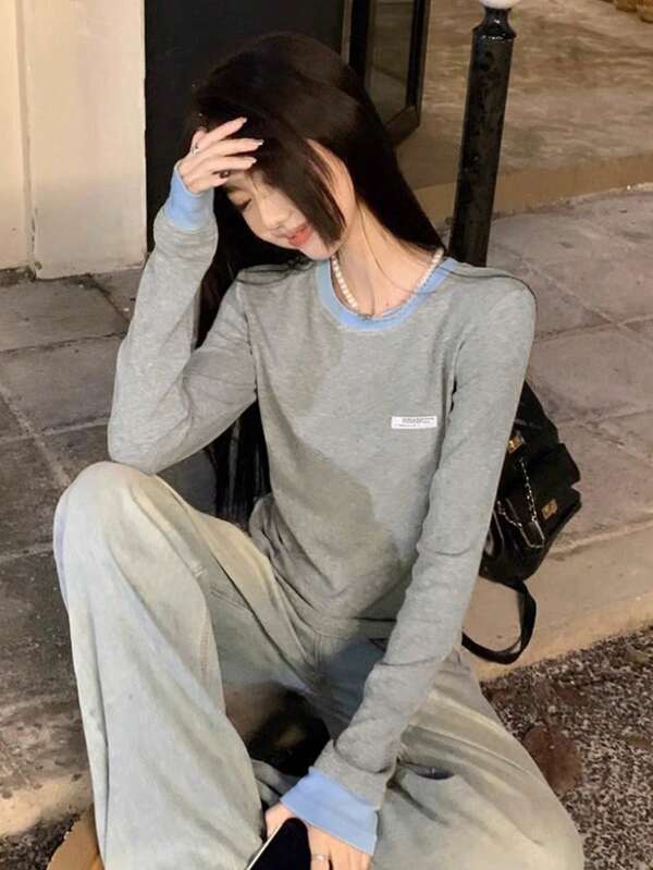 撞色二合一圆领长袖休闲女式T恤
