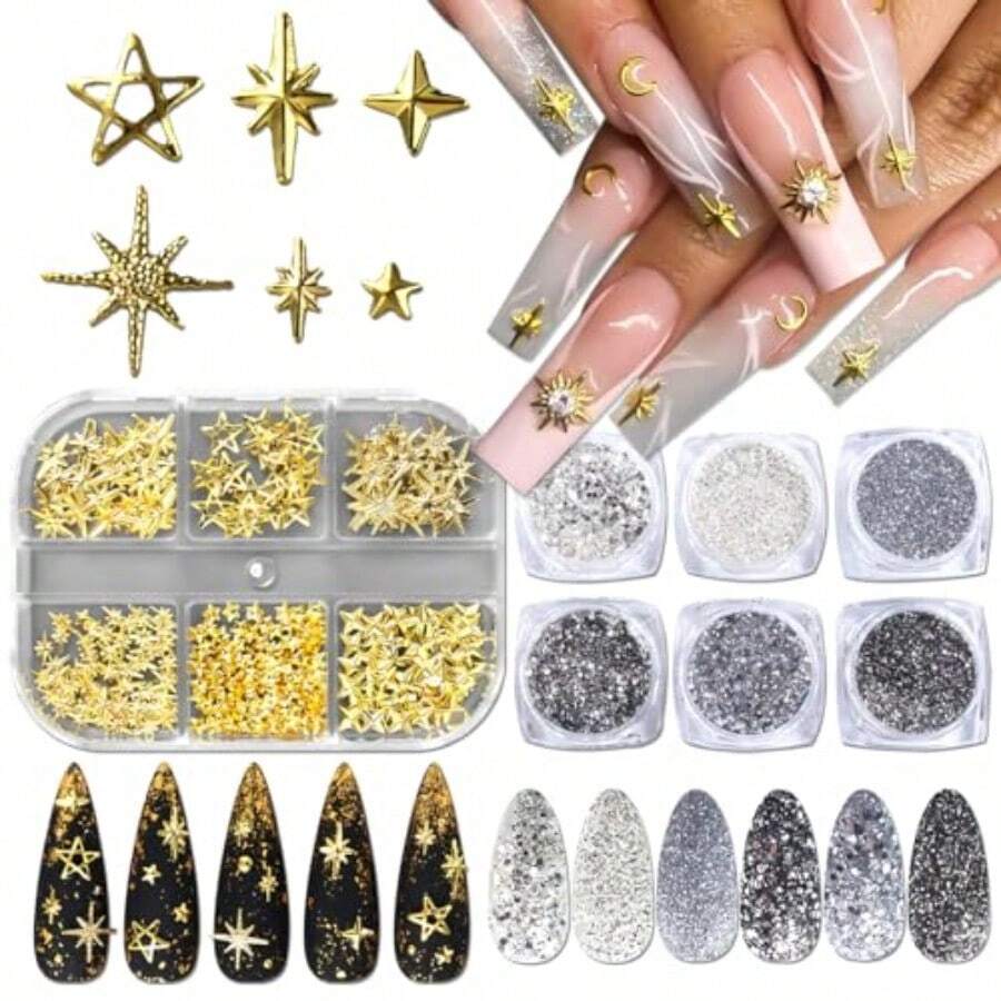3D Metal Stars Nail Charms Gold Starlight Cross Nail Art Glitter Flakes Alloy Metallic Stars Rivet Studs Decorations For Women Girls Nails DIY Crafts Supplies - GoldSilverWhite - View 1