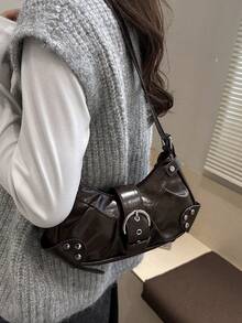 Bolso de mano plegado con hebilla de hardware de unicolor personalizado y versátil, elegante y popular bolso de hombro en forma de media luna con remaches, adecuado para compras, carteras, compras, mujeres jóvenes, estudiantes universitarios, recién llegados y trabajadores de cuello blanco. Son muy adecuados para oficinas, universidades, trabajo, negocios, viajes al trabajo, actividades al aire libre, viajes y salidas - Marrón - Ver 5