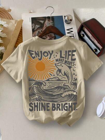 Camiseta de verano de cuello redondo con estampado de delfín y letras para niño casual