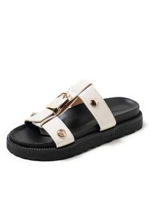 New Fashion Metal Buckle Decor Slip-On Wedge Thick Sole Slippers, Travel Essential, Comfortable Non-Slip, Versatile & Easy To Clean Beach Sandals - White - View 2