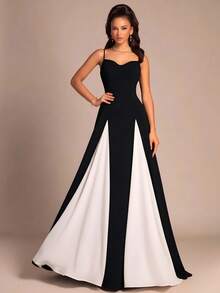 EVERPRETTY Elegant Chiffon Sweetheart Neck Sleeveless Black&White Color Long Bridesmaid Dress For Women Wedding Party Prom Semi Formal - Black and White - View 7