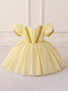 女婴圆领波点雪纺可爱生日派对连衣裙，适合婚礼花童、家庭聚会、假日郊游等场合，不含头饰 - 香檳色 - 查看 2