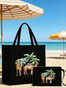 Linen Tote Bag, Including Two Camels And Coconut Tree Pattern Printing Tote Bag And A Printed Small Bag, Letters, Flowers, Personalized Gift Package, Eid Combination Of Small And Large Bags, Family Reunion Devout,Suitable For Weddings, Birthdays, Beaches, Holidays - Multicolor - View 2