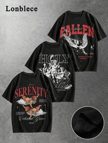 Lonblece 3件装男士休闲T恤，天使图案和数字字母印花，四季皆宜，衣橱必备单品 - 黑色 - 查看 1