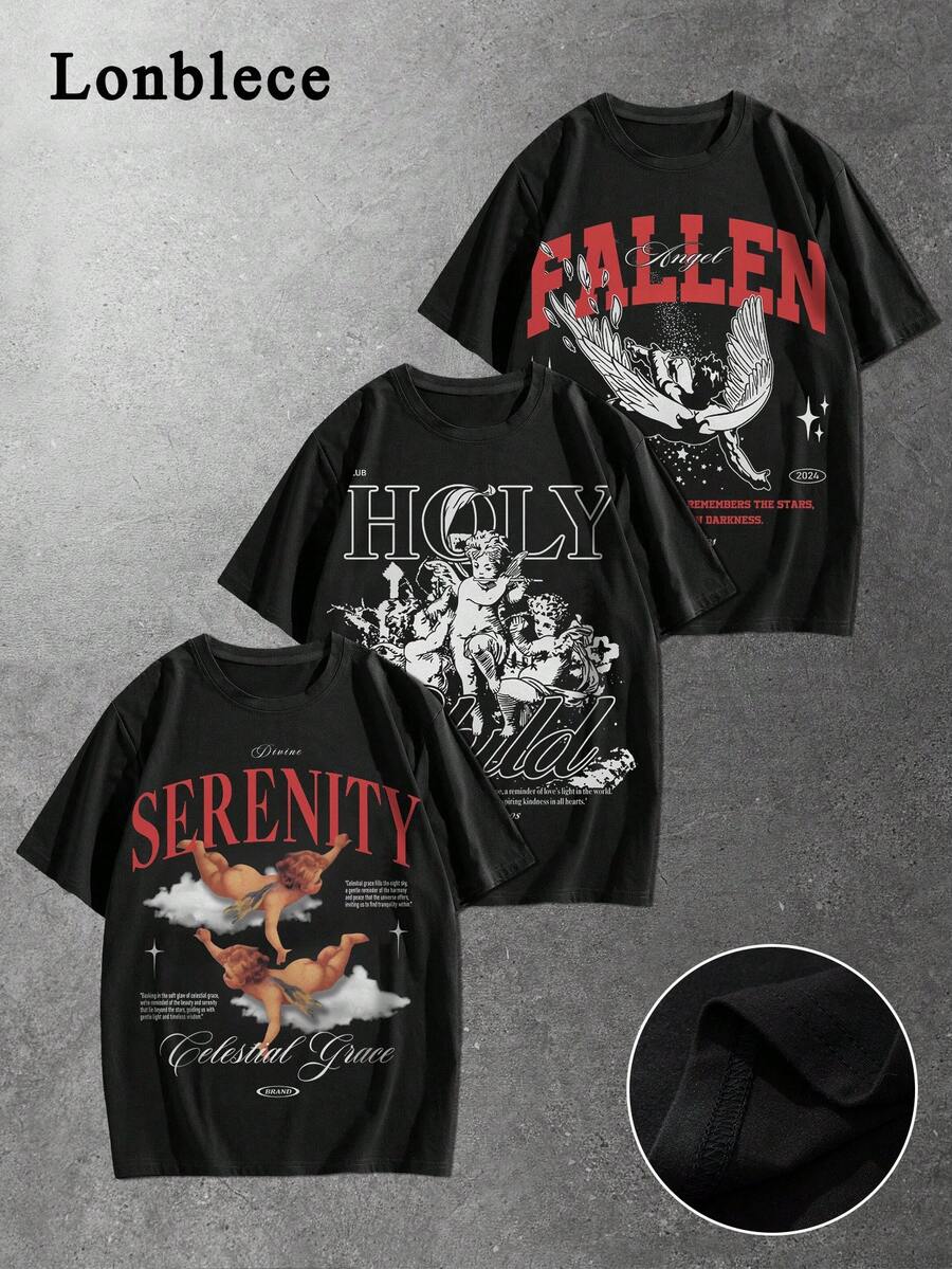 Lonblece 3件装男士休闲T恤，天使图案和数字字母印花，四季皆宜，衣橱必备单品 - 黑色 - 查看 1
