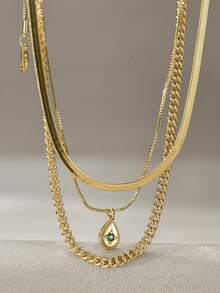 3件套嘻哈金属风叠戴项链套装，个性化水滴铜质微镶锆石吊坠项链，适合日常佩戴 - 金黃色 - 查看 2