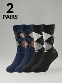 4/2/1 双装男士袜子，经典菱格纹英伦风加长男士中筒袜，商务男士袜子
