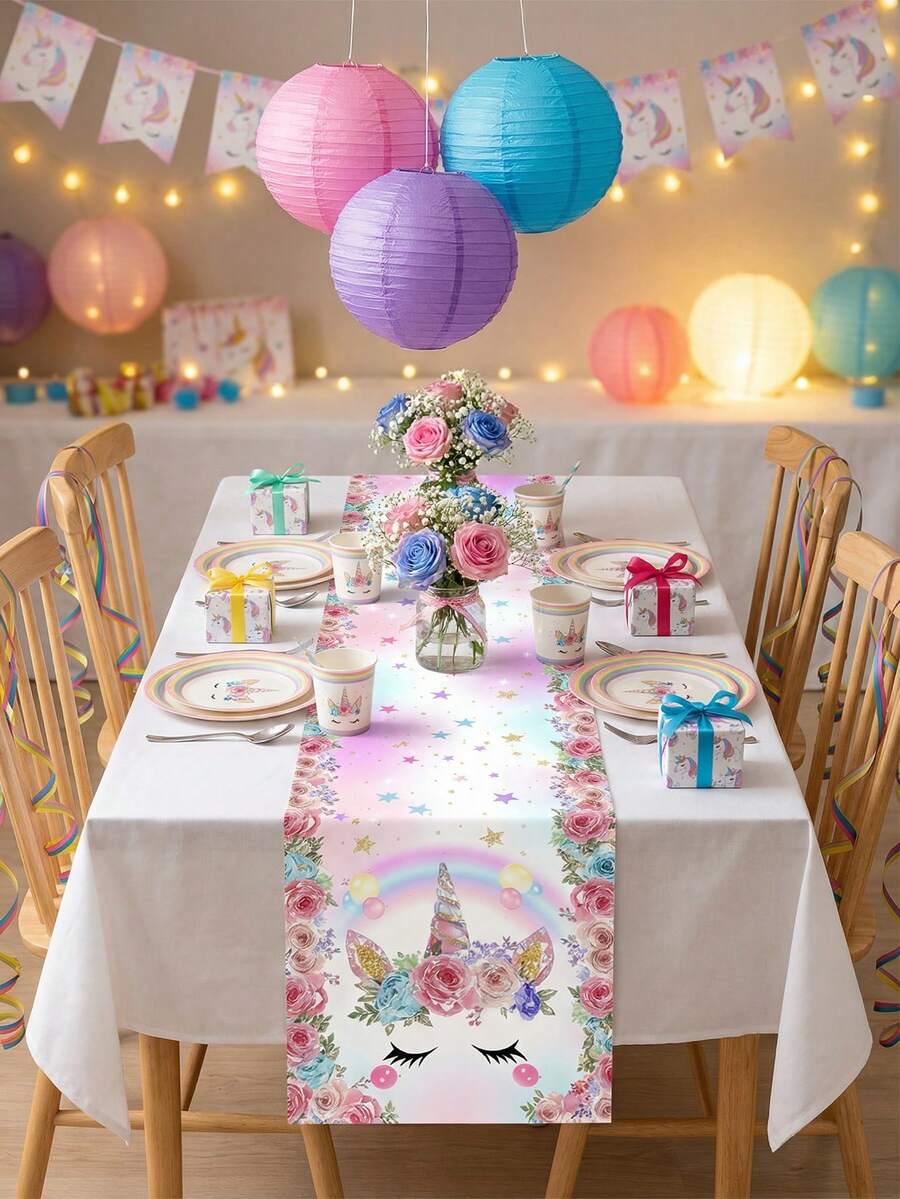 1pc Pink Unicorn & Rainbow/Star/Floral Pattern Unicorn Theme Table Runner, Dreamy Girly Style Polyester Rectangular Tablecloth Decor - With Sparkling Star Accents, Pink Floral Trim And Unicorn Horn Details, Pink Unicorn Tabletop Decor For Room Decoration, Holiday Atmosphere Setting, Suitable For Girl's Birthday Party Decoration And Home Indoor Gathering