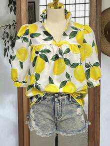 女士清新度假风柠檬印花V领荷叶边宽松喇叭袖衬衫，春夏款 - 黃色 - 查看 2
