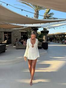 Women's Hollow Out Beach Vacation Dress With Ring, Long Sleeve Knit Cover Up, Slim Fit, Versatile & Fashionable For Summer - Apricot - View 6