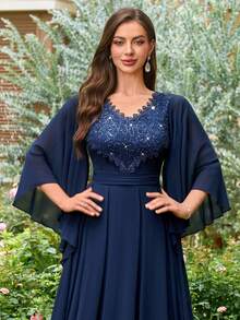 MIUSOL Colorblock Sequin Floral Lace V-Neck Ruffle Sleeve Chiffon Maxi Formal Party Dress Wedding Spring - Navy Blue - View 8