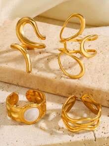 4pcs 18K Gold Plated Stainless Steel Elegant Minimalist Geometric Oval Ring Set, Suitable For Women Everyday, Holiday, Outing, Dating - Multicolor - View 4