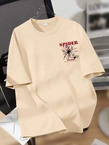 Tween Boy Spider & Spider Web Pattern Pullover Sweatshirt, "SPIDER" Letter Print, Round Neck Short Sleeve, Suitable For Summer And Autumn, New Boys Clothing - Apricot - View 4