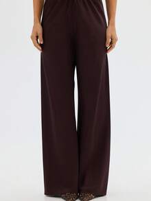 Women's Satin Silk Wide Leg Pants Low Waist Baggy Pants Lounge Bottoms Streetwear - 深棕 - 查看 9