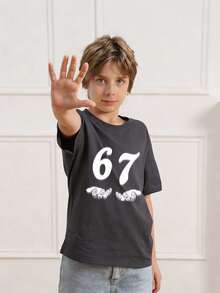 男童休闲印花圆领短袖T恤，夏季上衣 - 深灰色 - 查看 2