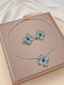 Green & White Rhinestone Flower Necklace & Earring 2 Pieces Set, Luxury Elegant Jewelry For Banquet & Wedding - Multicolor - View 5