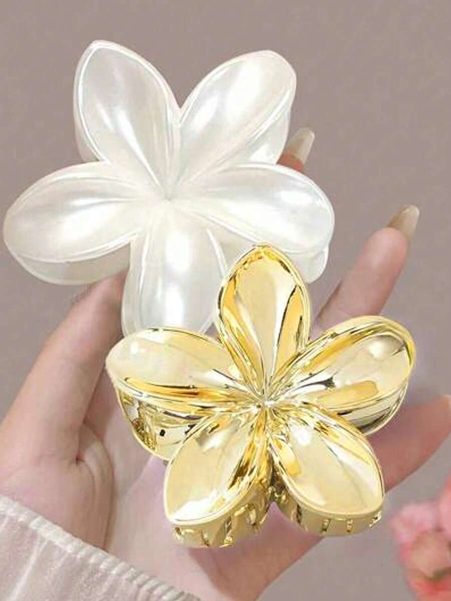 2个/1个 女士3.03英寸镀金珍珠白花朵造型塑料发夹，优雅百搭，适合日常、休闲、派对、通勤、度假、马尾辫、发髻、洗脸、化妆、搭配服装 - 彩色 - 查看 1
