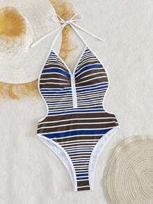 New Sexy One-Piece Women Striped Backless Tie Knot Bikini Swimsuit, Beach Vacation - White - View 5