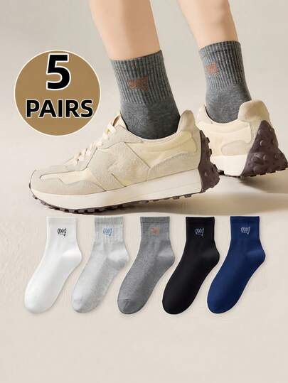 5 Pairs Numeric 12 & Letter Print Sports Socks, Solid Color Unisex Mid-Calf Socks For Students, Suitable For School, Running, Basketball All Seasons, Random Assortment