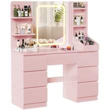DEVOKO Dressing Table With Mirror And Stool, Vanity Table With LED Lights, Adjustable Brightness, Makeup Desk With 7 Drawers And 4 Shelves, Modern, Pink - Pink - View 5
