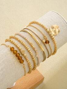 Juego de pulseras apilables de moda, elegantes, exquisitas y vintage, con perlas, gemas falsas, formas geométricas, cordón encerado, cadena de serpiente, cadena trenzada, cadena de caja y eslabones de cadena lisa, en estilo minimalista, adecuado para vacaciones, fiestas, citas, regalos y uso diario - Multicolor - Ver 9