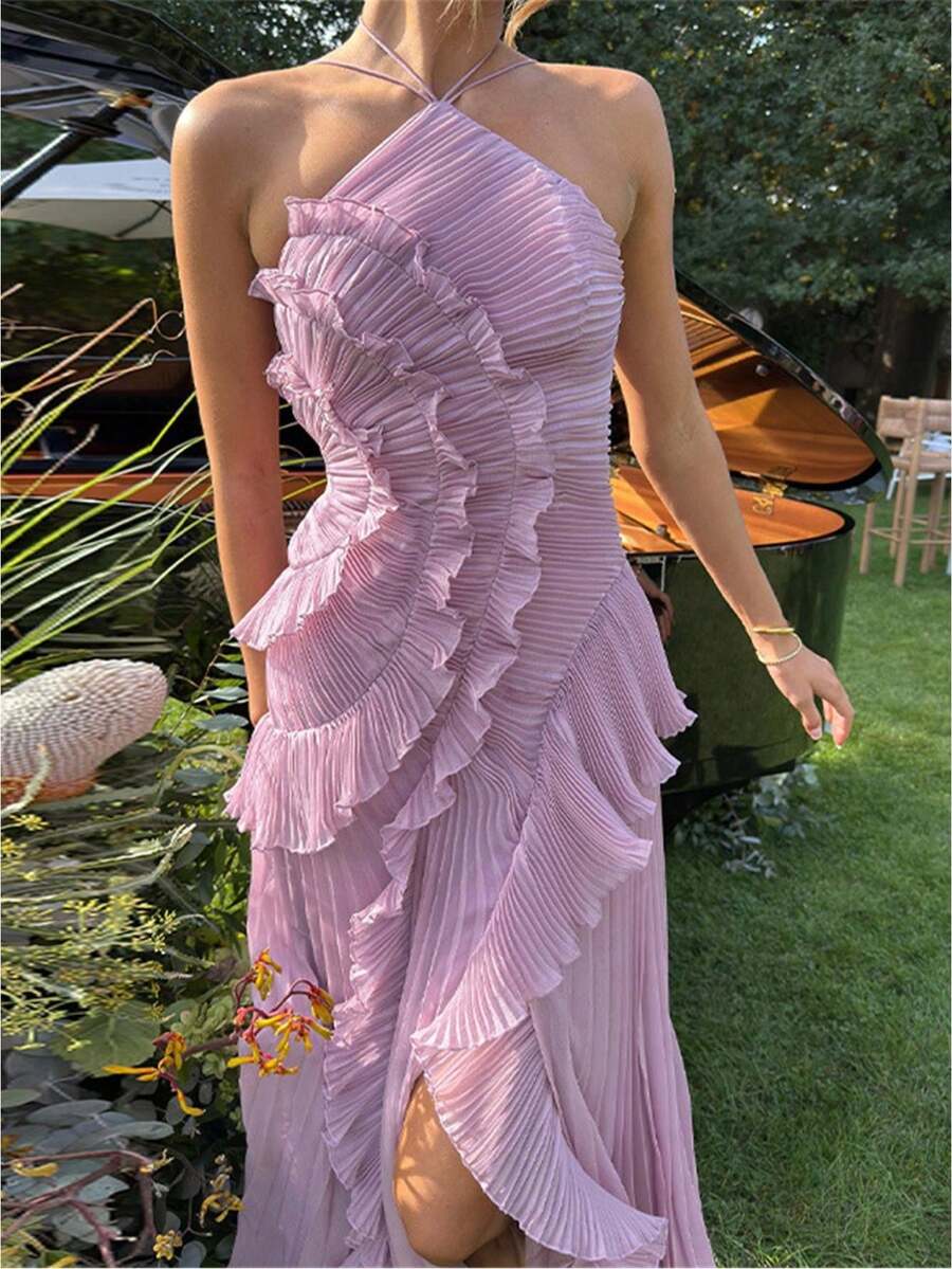 Women Ruffle Hem Pleated Sheer Mesh Long Maxi Dress Sleeveless Halter Neck Irregular Tiered Flowy Long Maxi Dresses For Wedding Guest Summer Holiday Beachwear - Màu tím - Xem 1