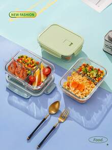Hộp cơm bento 3 ngăn có nắp đậy bằng thủy tinh, hộp đựng thức ăn hình chữ nhật trong suốt dùng được trong lò vi sóng, thích hợp cho bữa trưa văn phòng, nhà bếp, hộp cơm trưa học sinh. - màu xanh lá - Xem 6